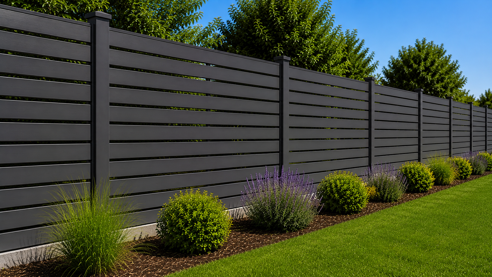 Side view along an aluminium slatted fence line showing slim posts and consistent slat gaps
