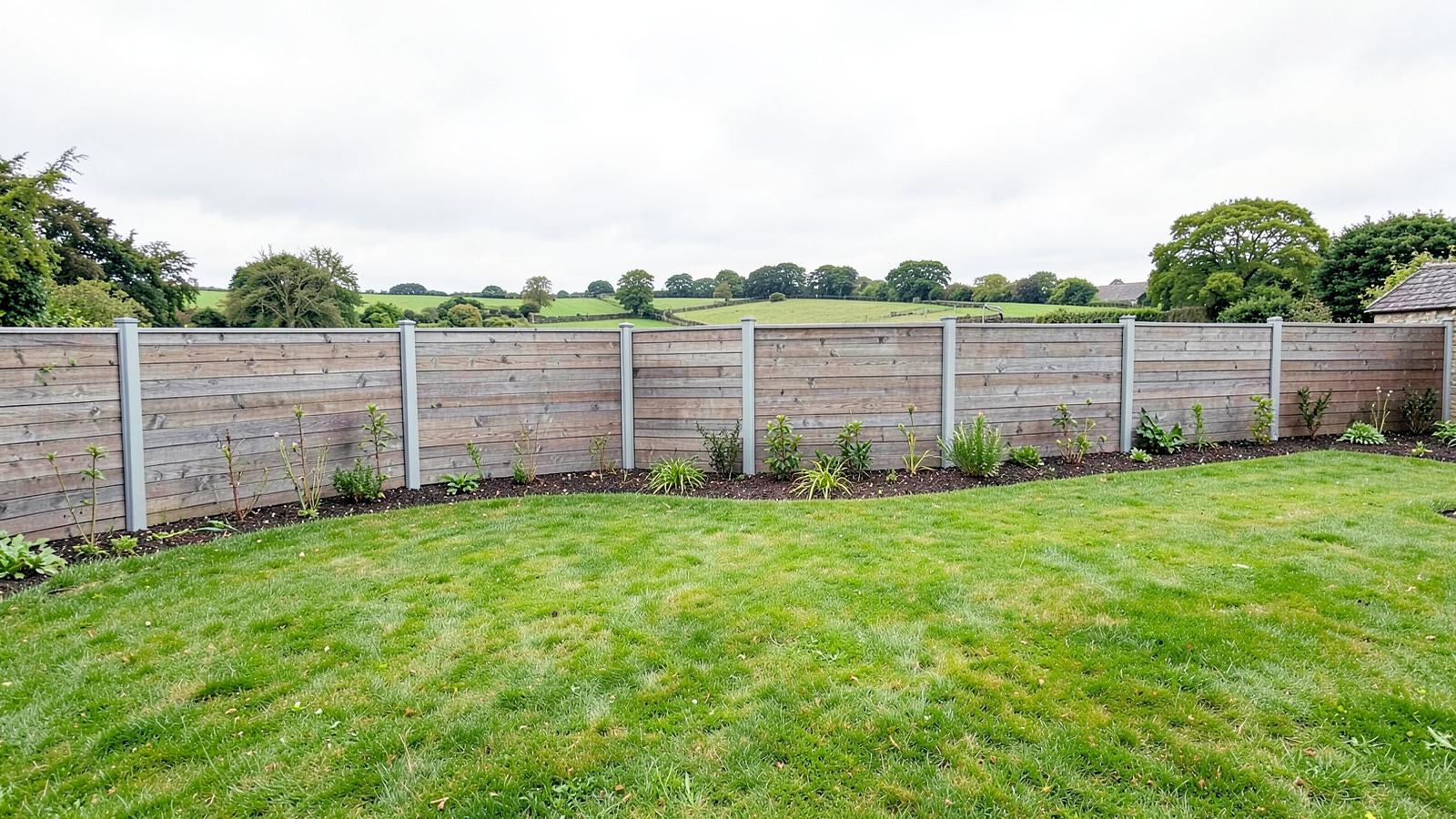 Example of a composite fence with grey woodgrain boards and aluminium posts along a large new-build garden