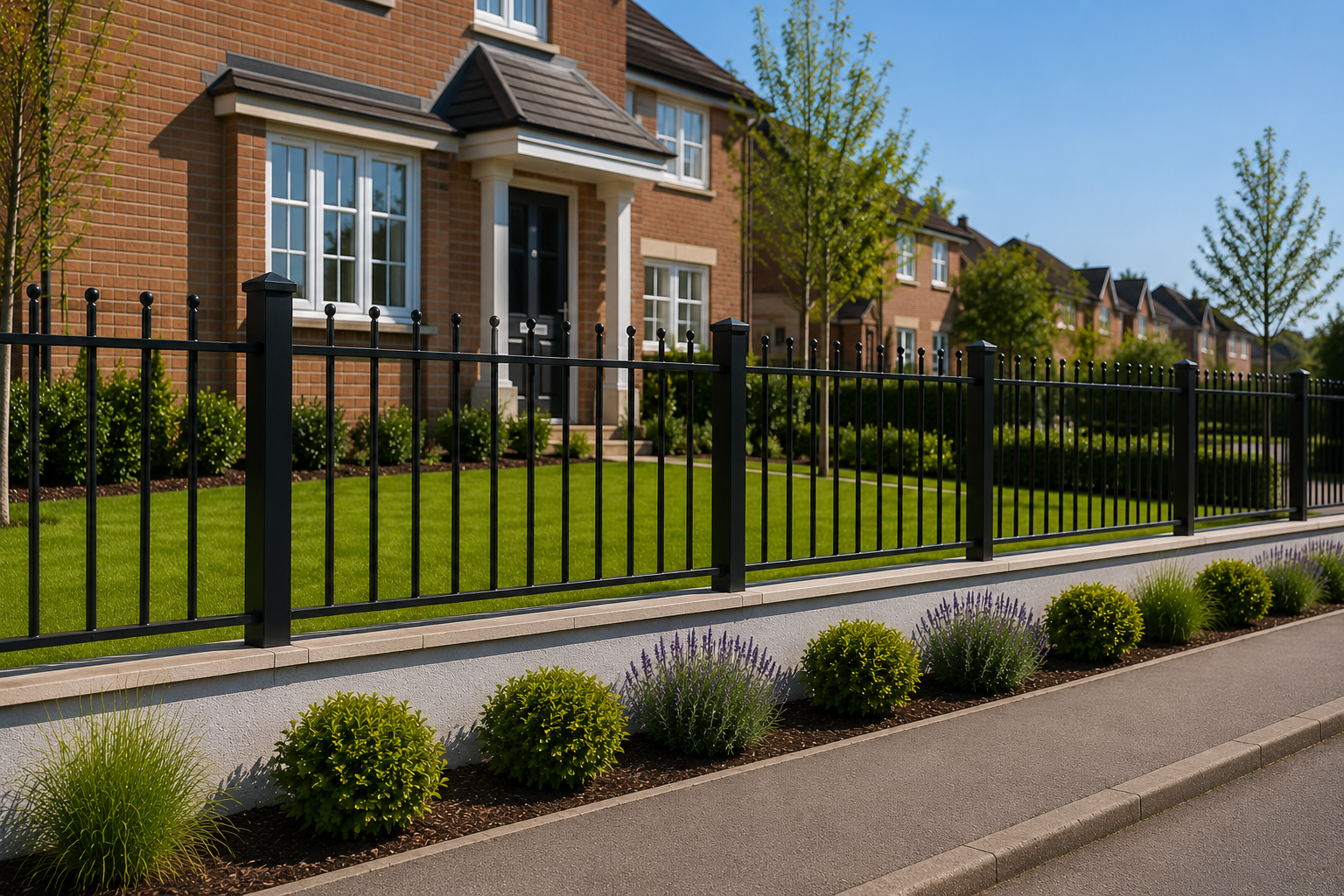 Side view along black metal railings on a brick plinth running past a Victorian terrace