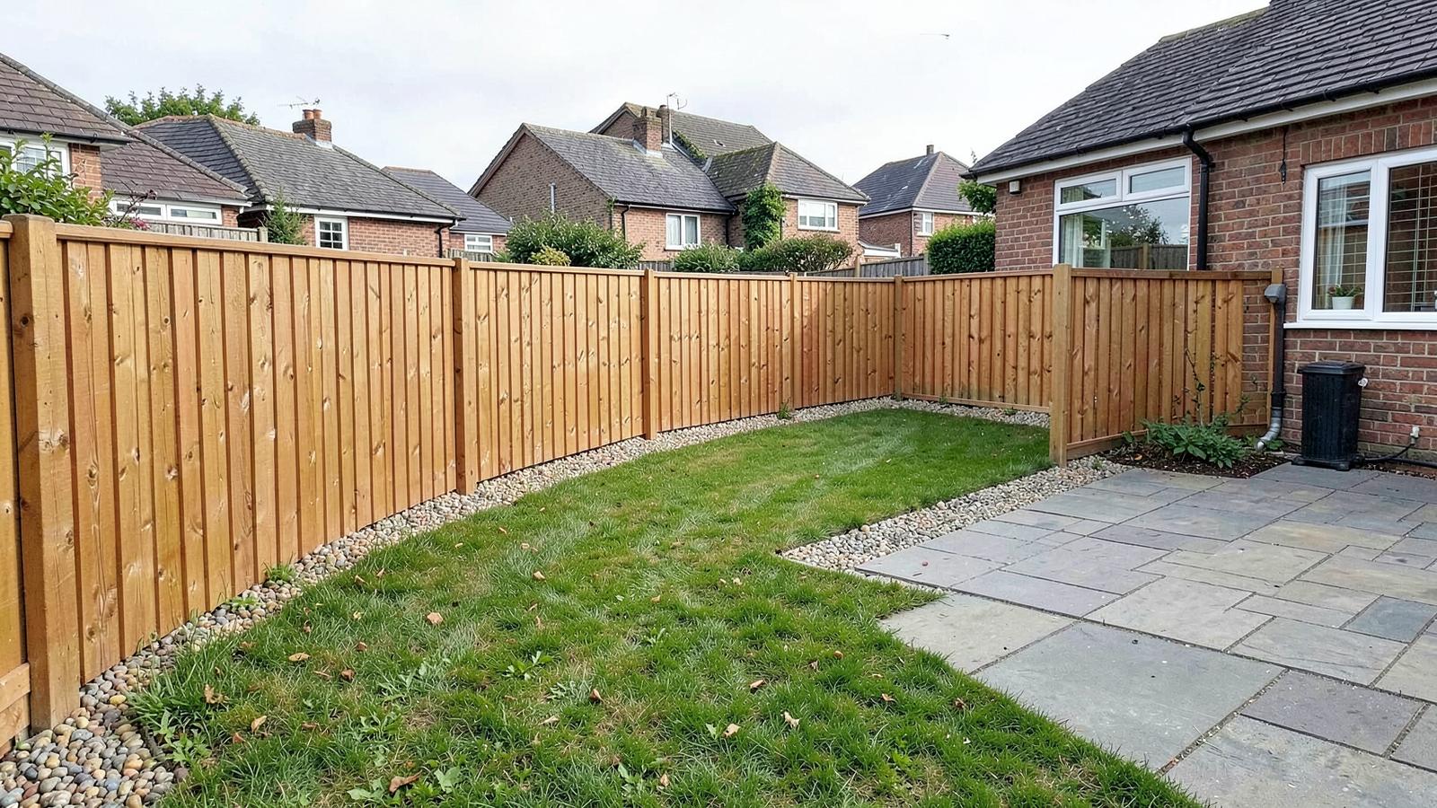 Example of a new closeboard fence with gravel boards enclosing a tidy suburban back garden and patio