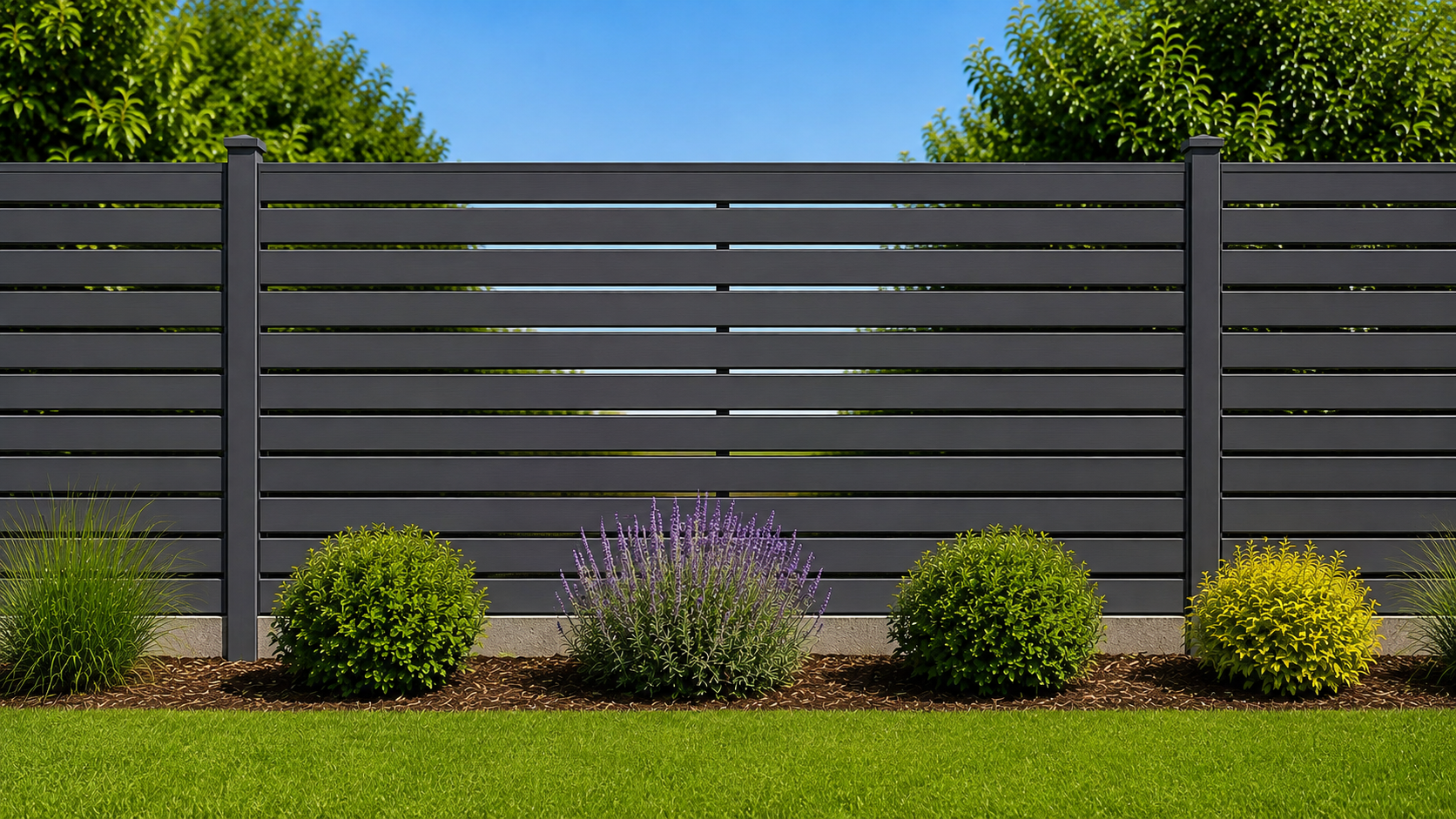 Charcoal powder-coated aluminium slatted fence with even shadow gaps in a London garden
