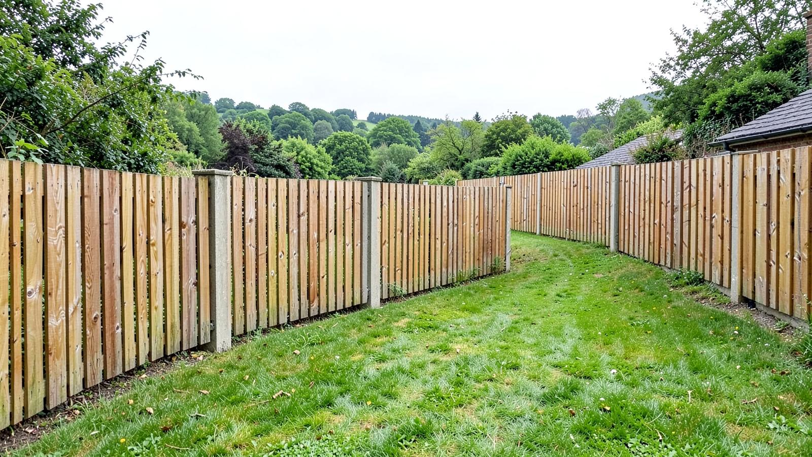 Example of a new timber fence with concrete posts running along a sloping suburban garden boundary