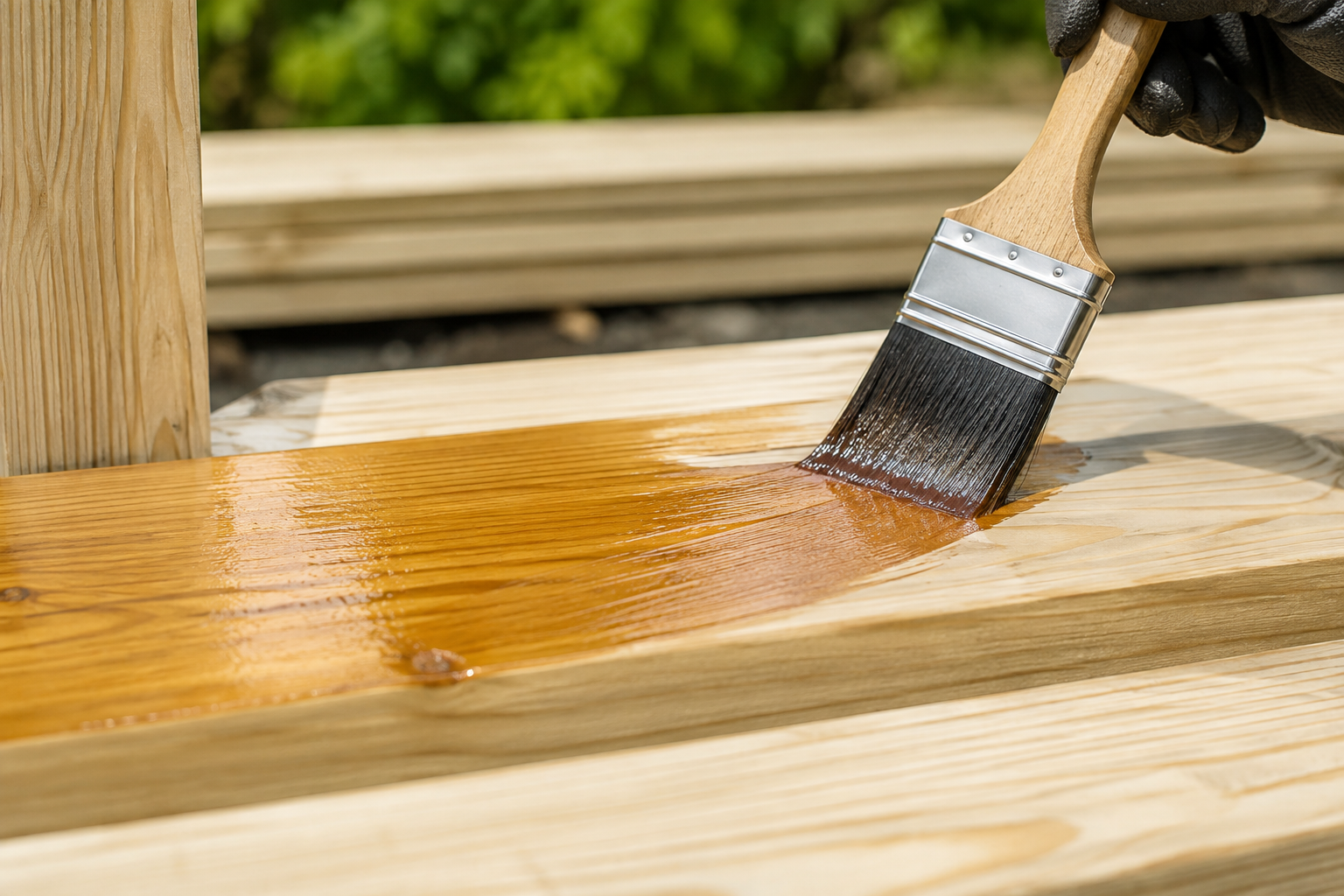 Brush applying timber stain to a fence board before it goes up