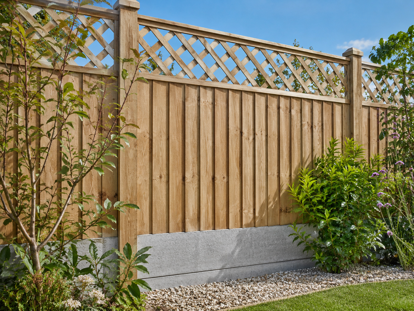 Concrete gravel boards beneath timber fence panels with a diamond trellis topper above