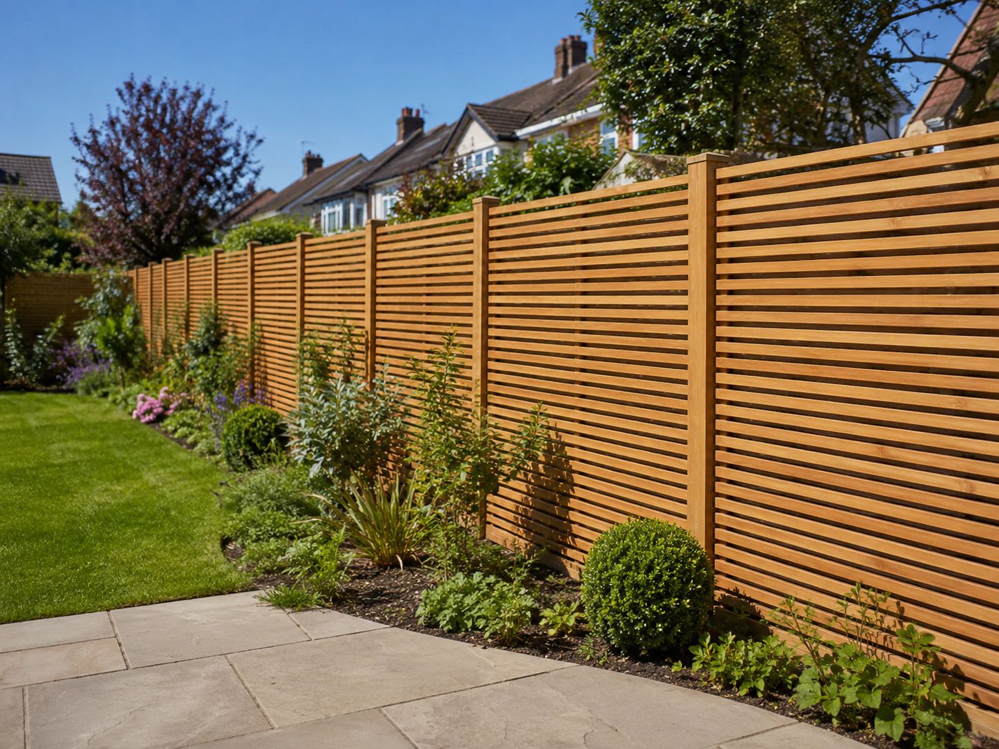 Slatted contemporary fence panels in a Chiswick back garden