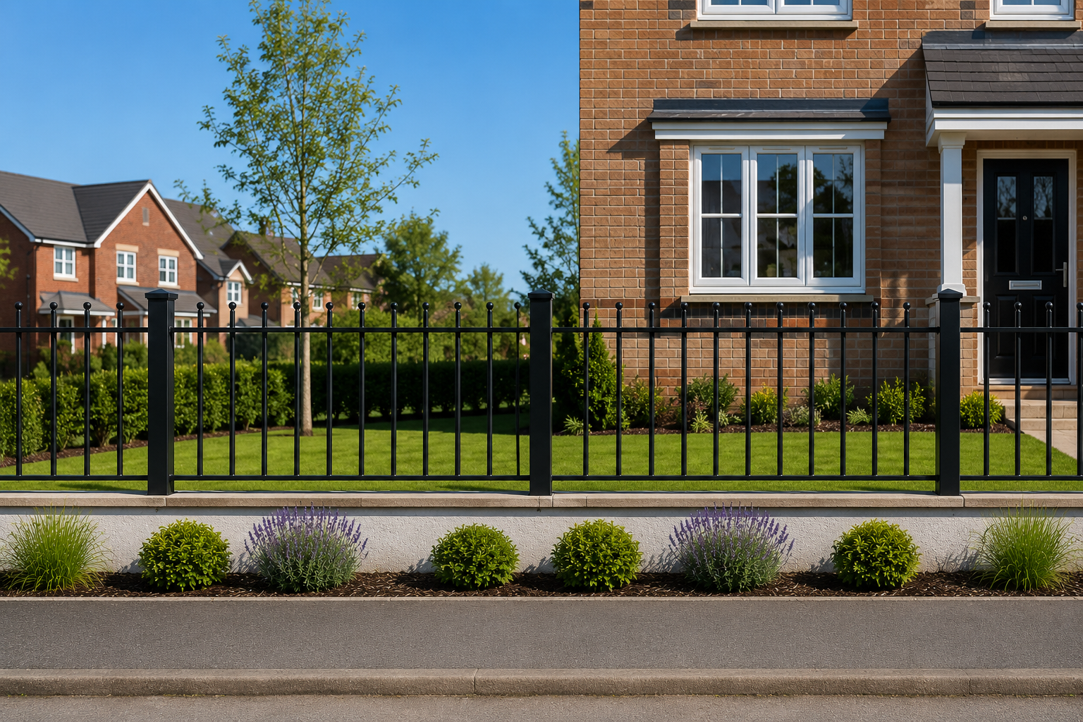 Black powder-coated metal railings on a low brick wall outside a London terraced house