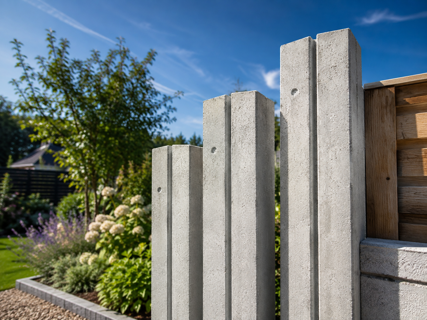 Slotted concrete fence posts set along a garden boundary with a timber panel dropped into the groove