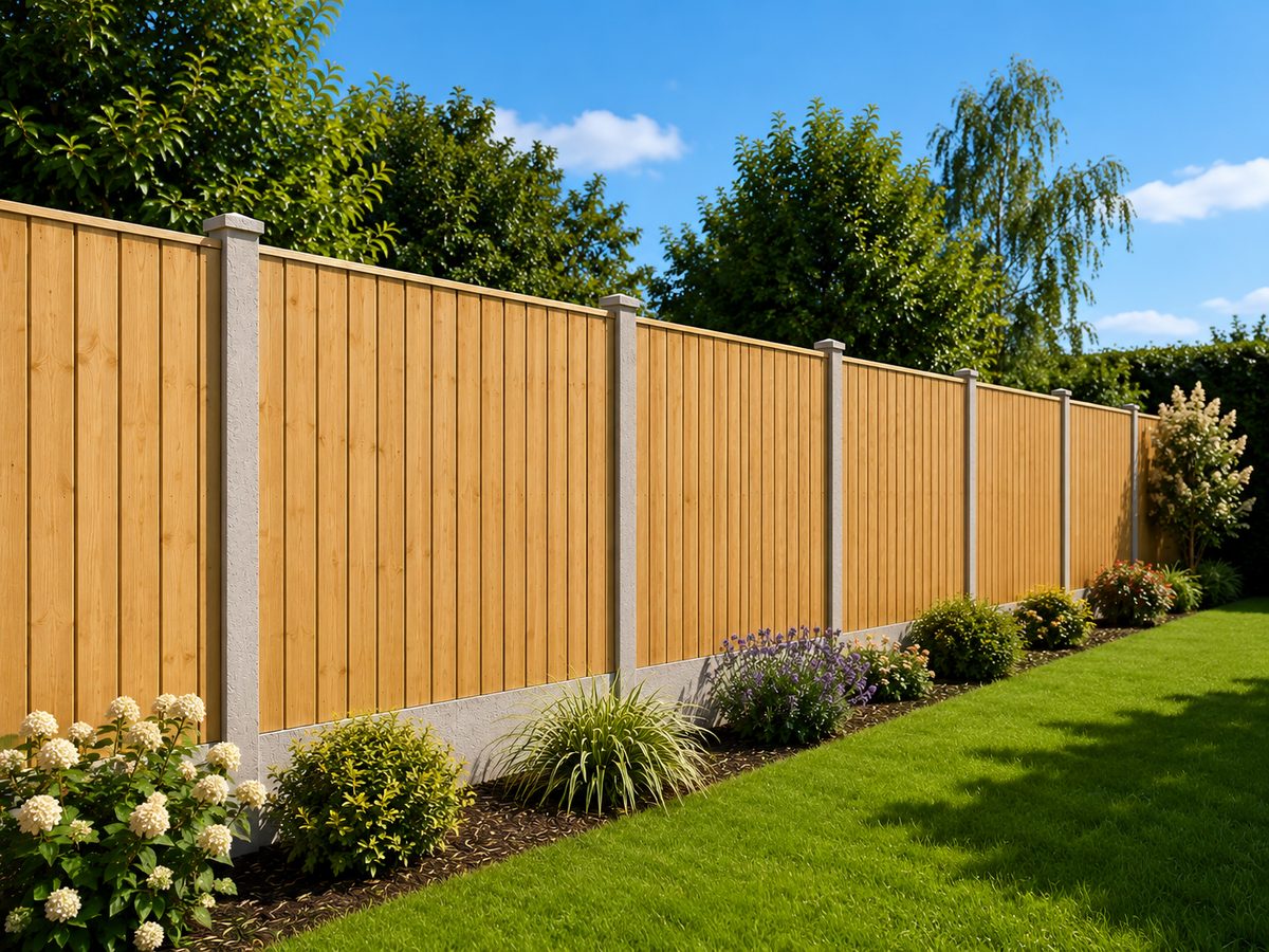 Feather edge closeboard fence with arris rails and a gravel board