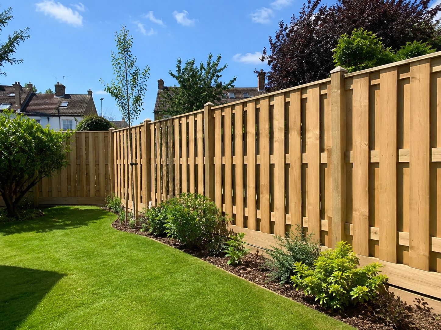 Hit-and-miss timber fence installed on a large Guildford garden boundary