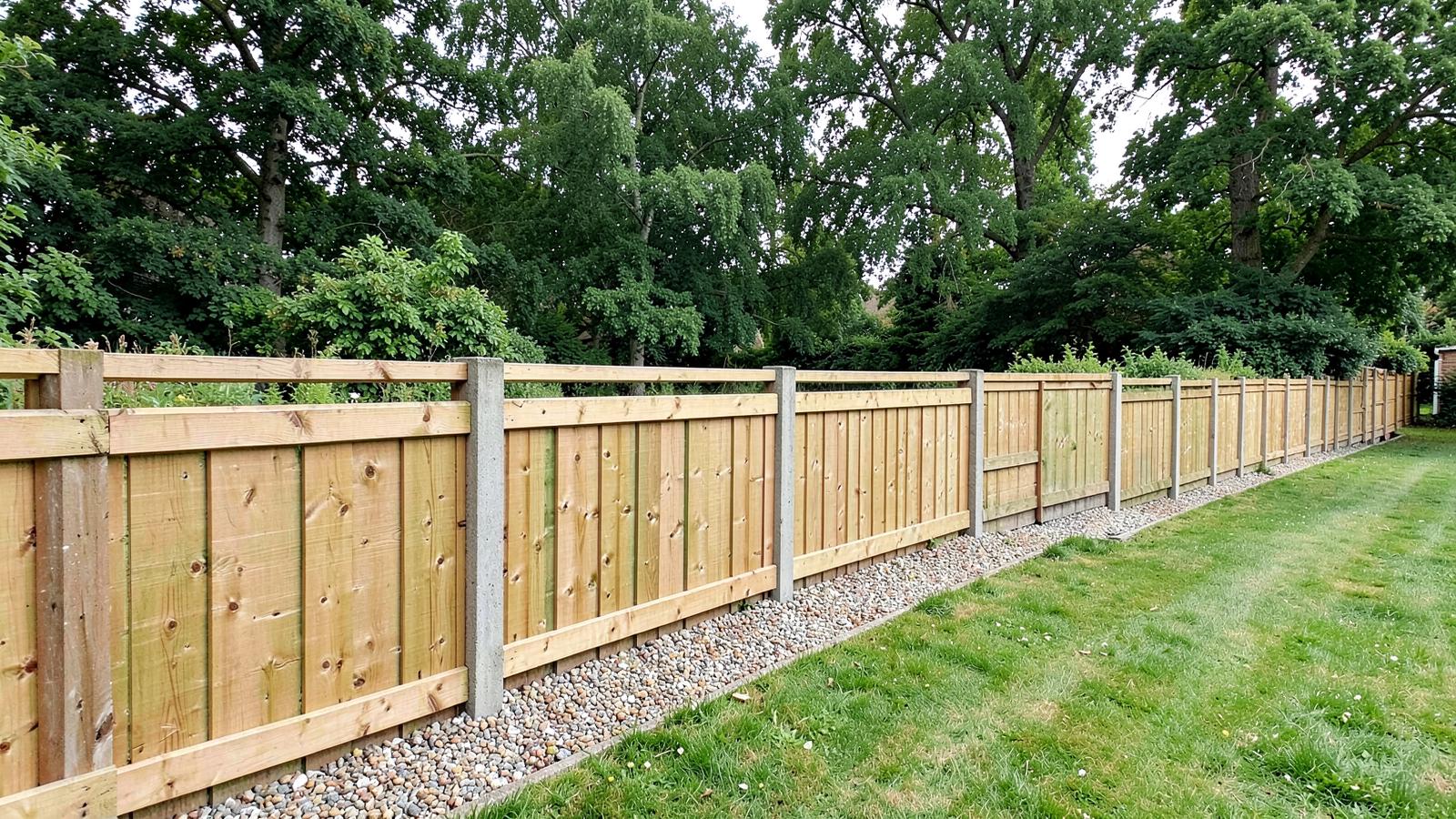 Example of a long closeboard timber fence with concrete posts and gravel boards beside mature trees