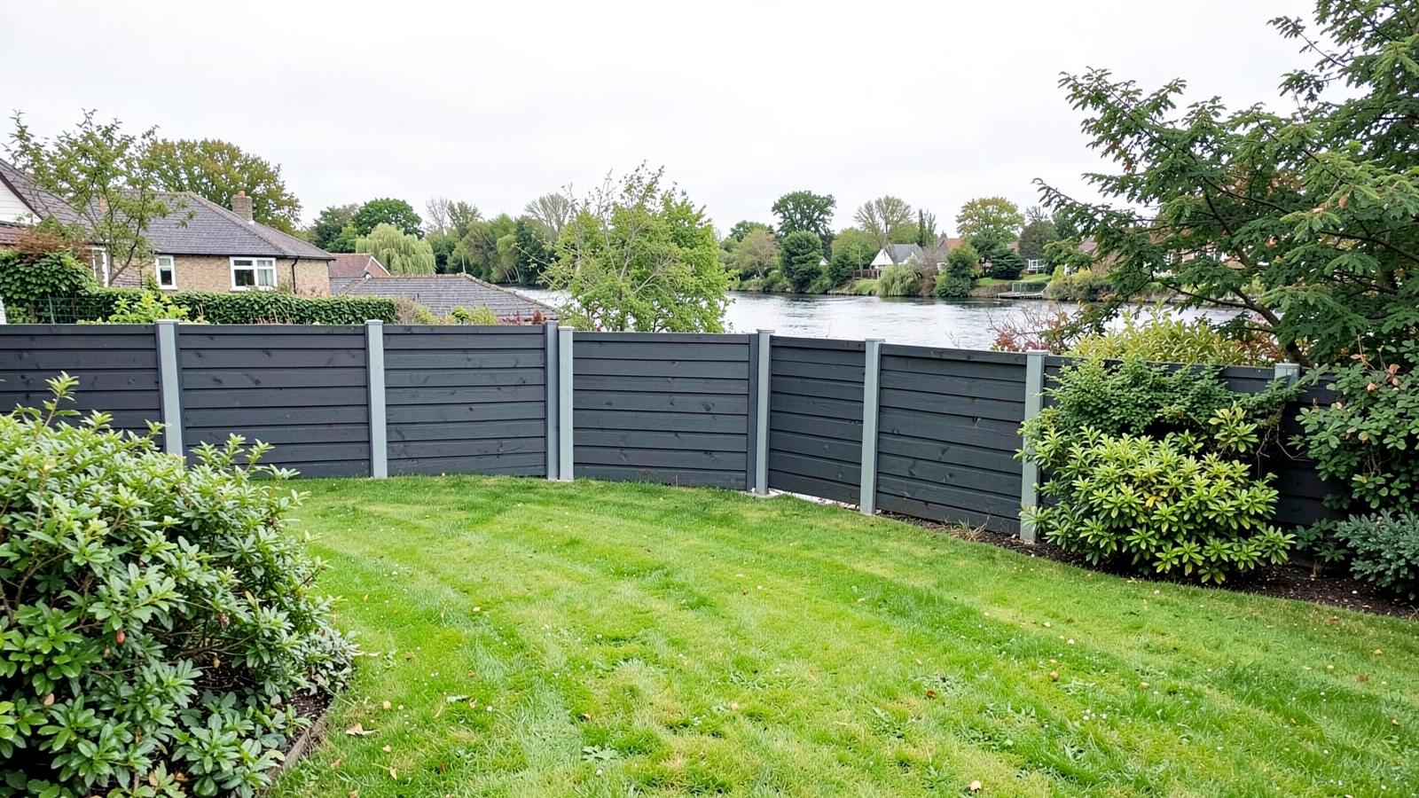 Example of a dark composite fence with aluminium posts along a riverside garden boundary
