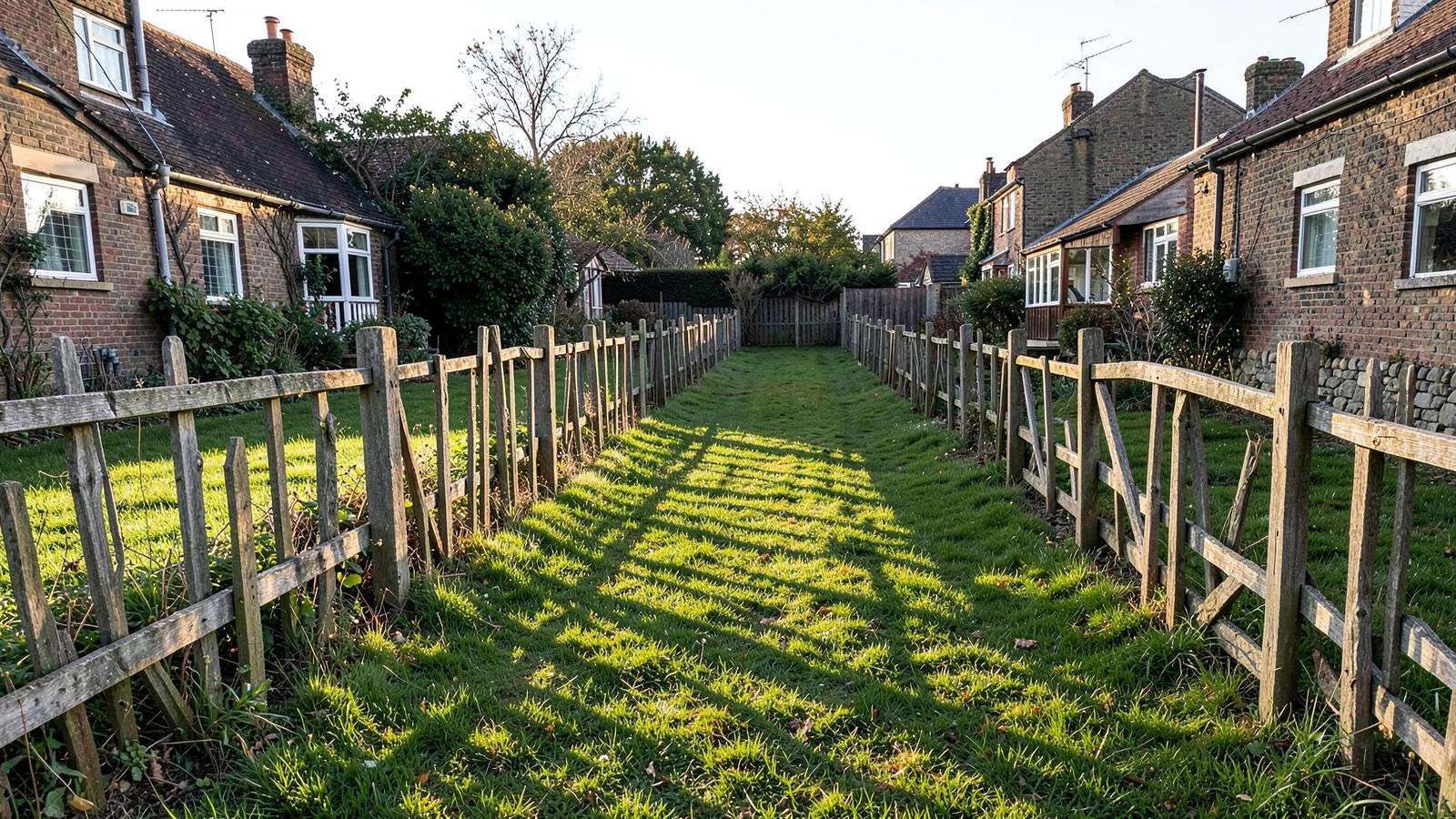 Old timber fence line running between two long gardens