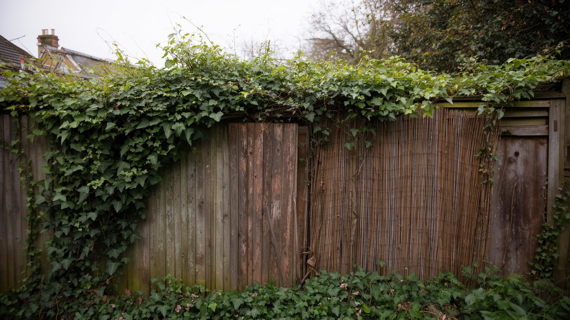 Weathered garden fence covered with green ivy and bamboo screening rolls