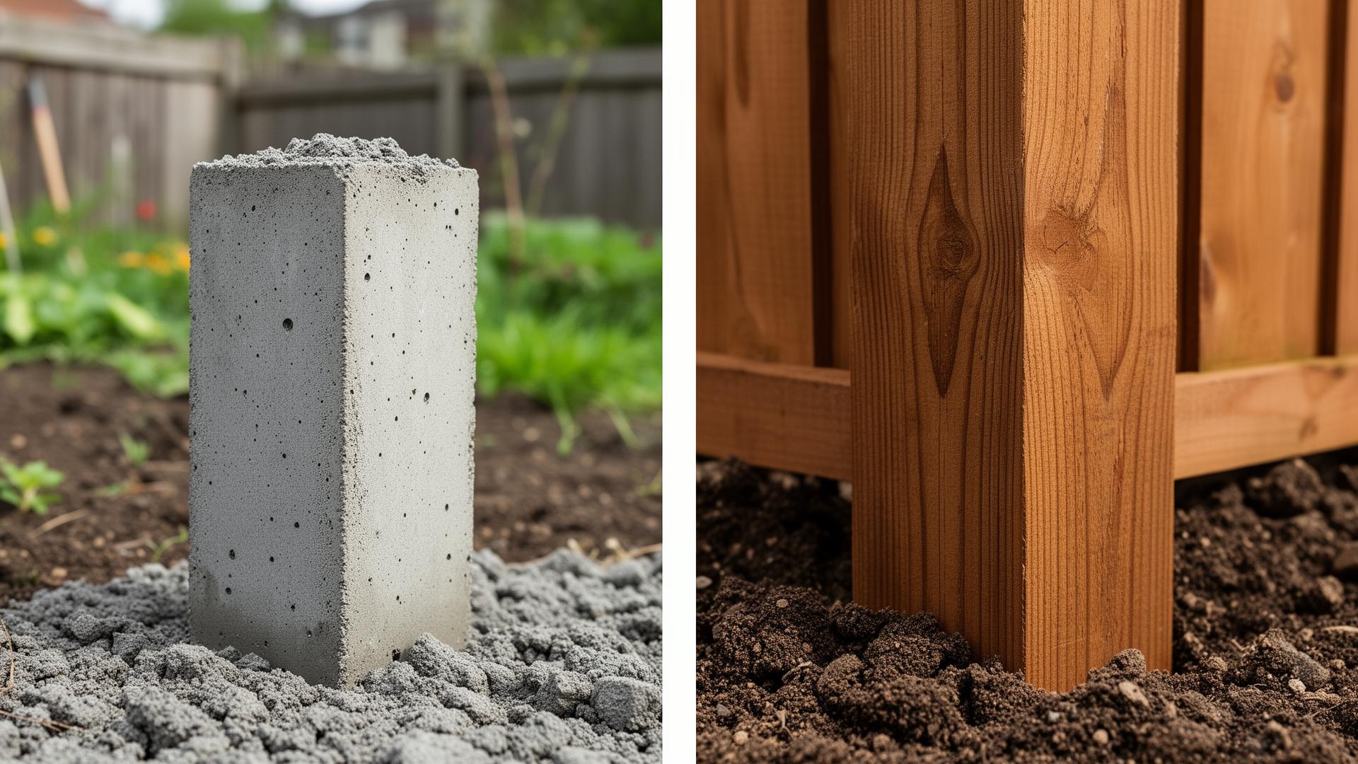 Side-by-side comparison of a concrete fence post and a pressure-treated timber fence post installed in a garden