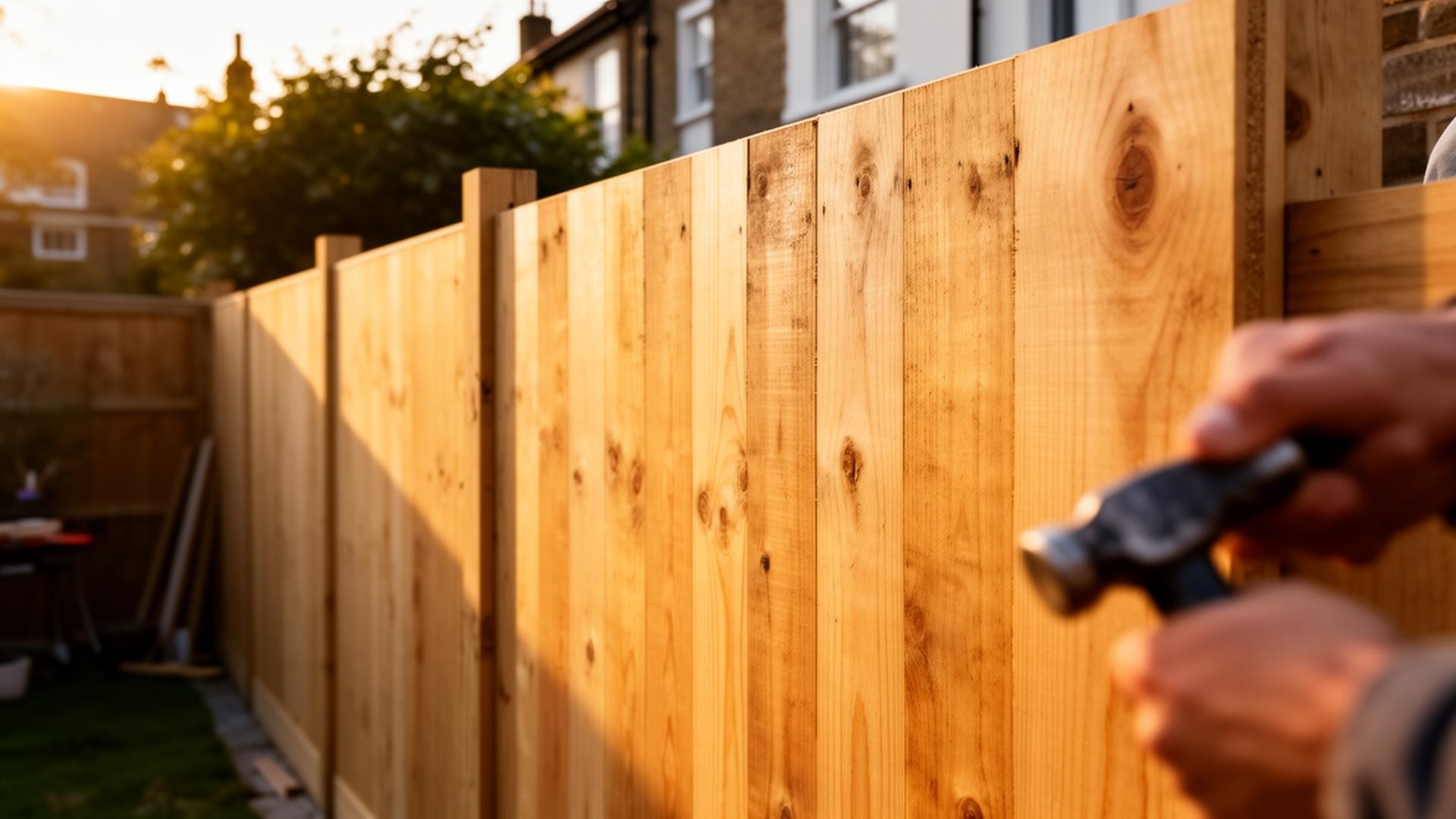 New pressure-treated fence panel being installed in a London back garden at golden hour
