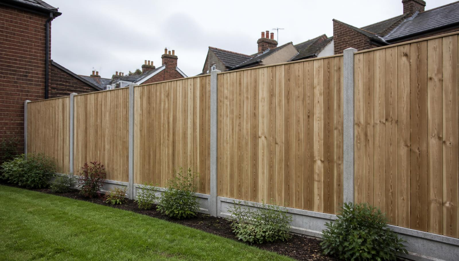 Newly installed timber garden fence separating two London back gardens