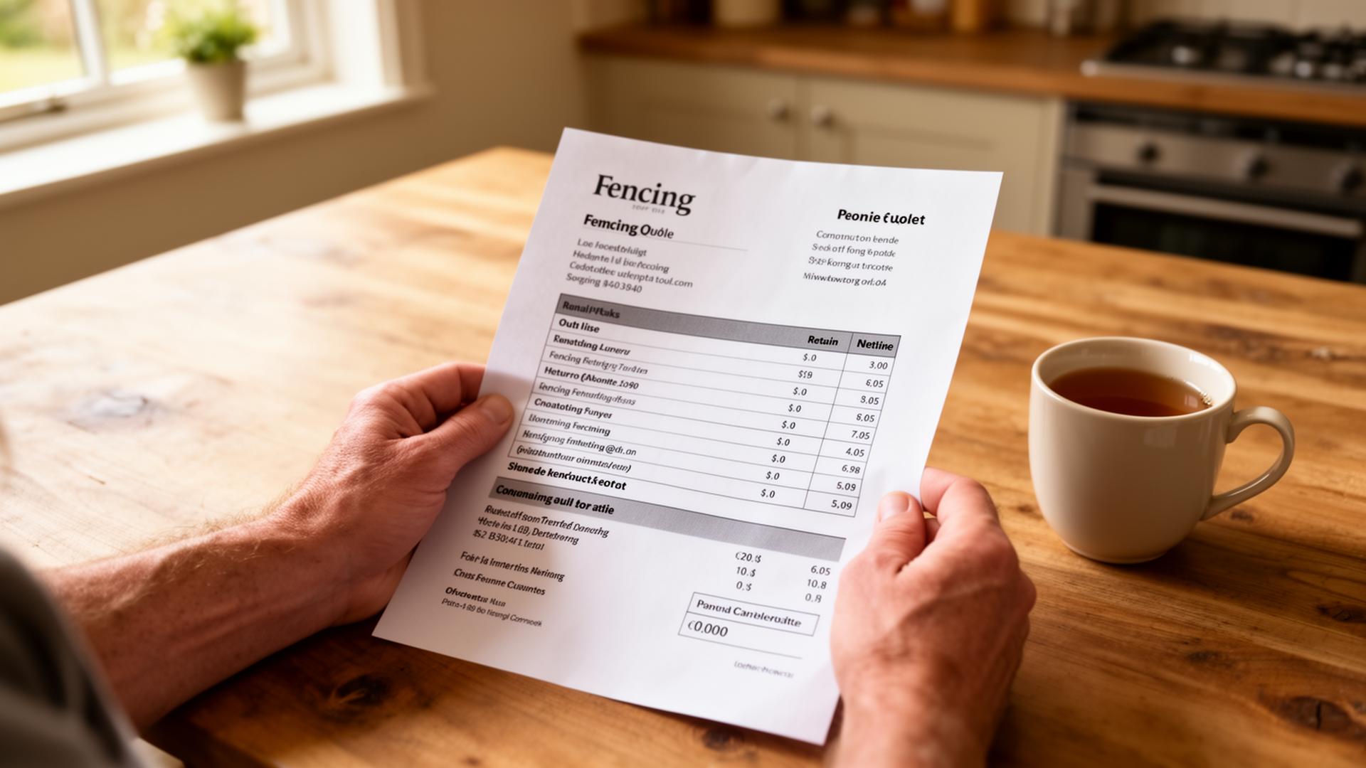 A homeowner comparing fencing estimates on a laptop at a kitchen table