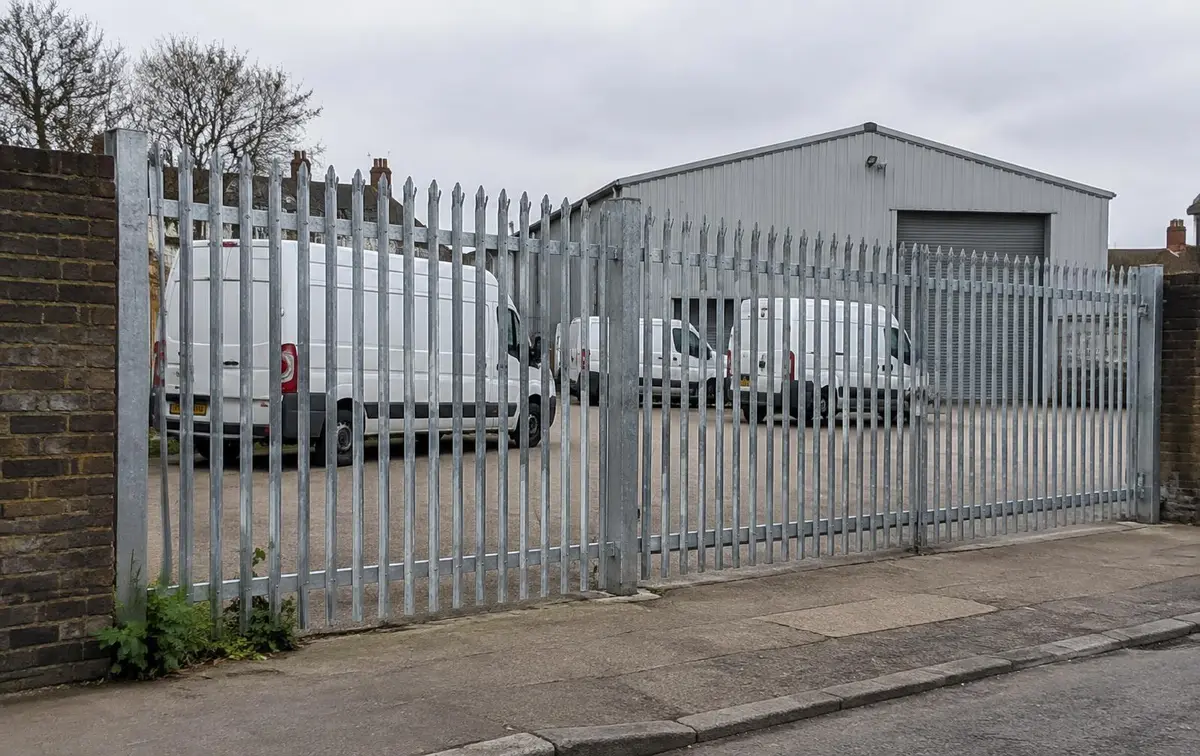 Fleet yard frontage — W-section palisade, triple-pointed