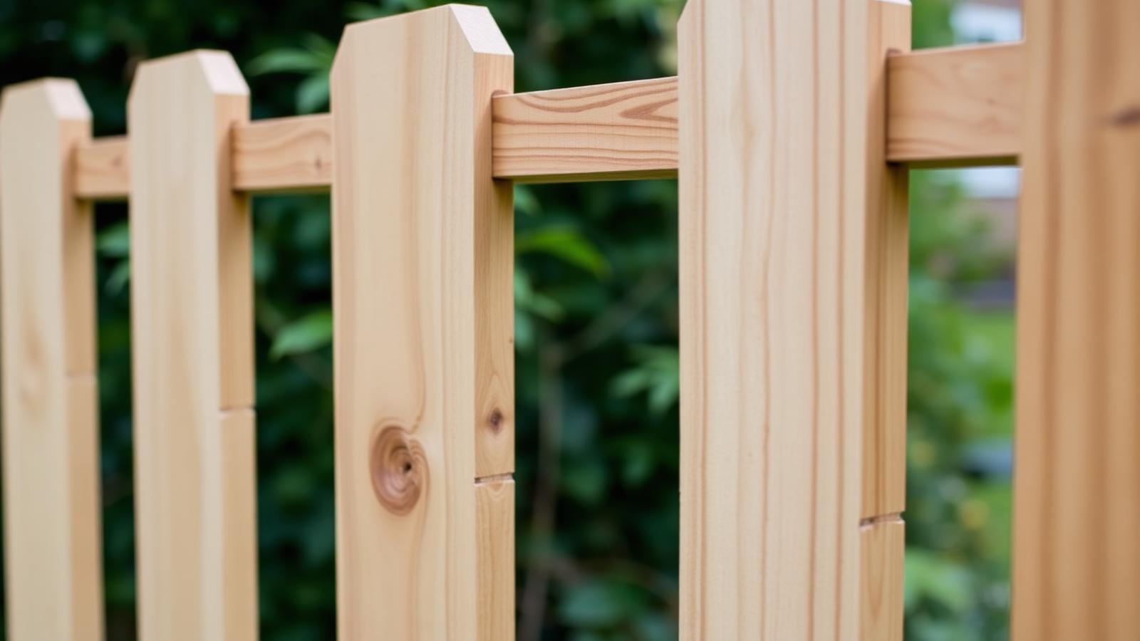 Close-up of a hit and miss fence panel showing alternating vertical boards fitted on both sides of the rail