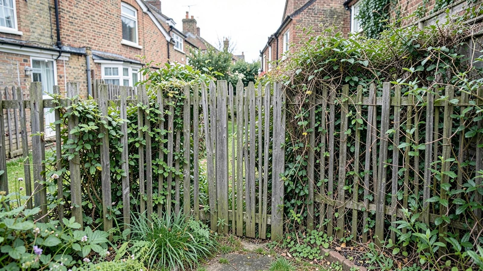 Leaning timber fence between two neighbouring gardens