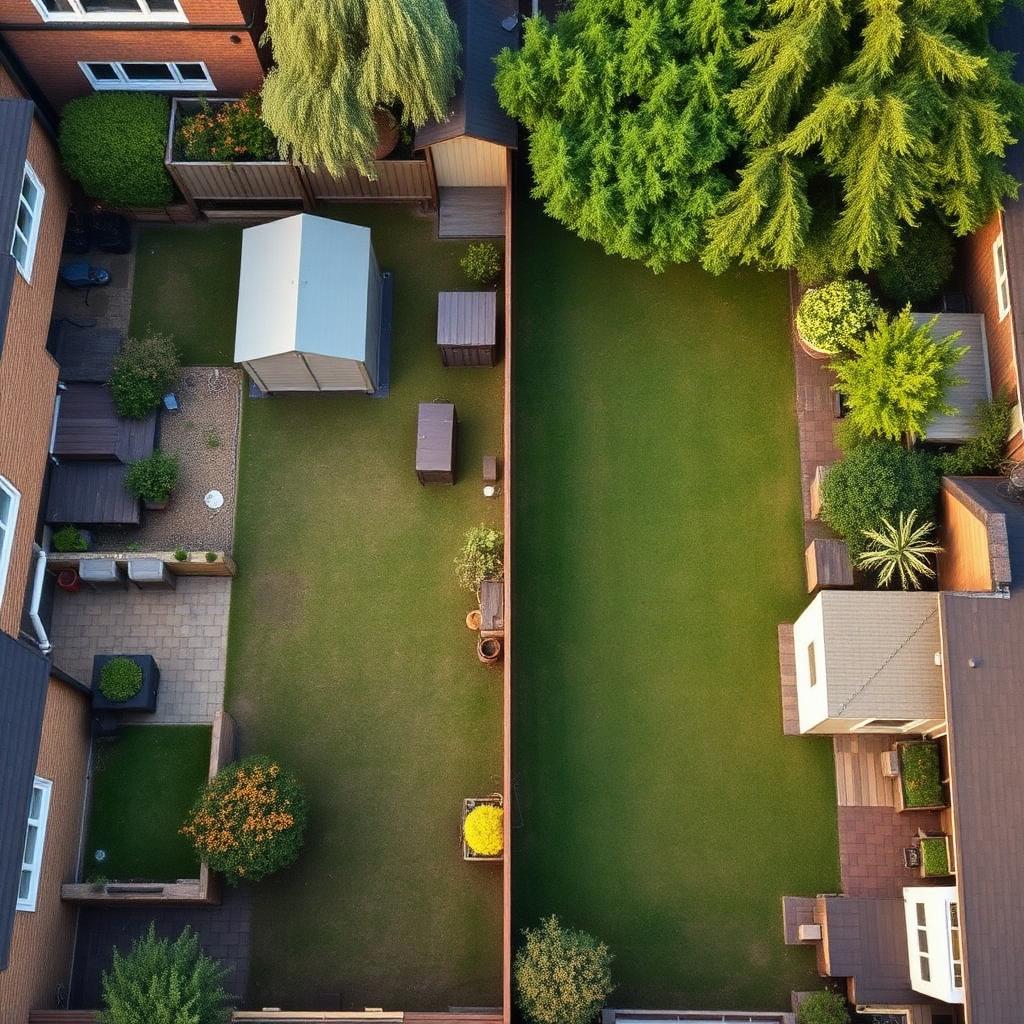 Two adjoining London back gardens separated by a wooden fence, viewed from above